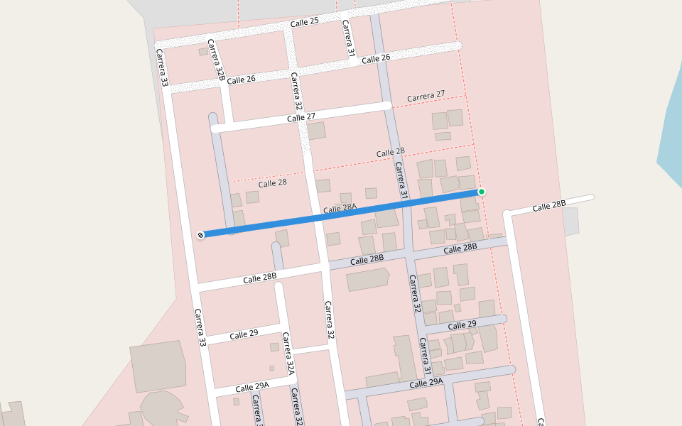 Calle 28A walking route map in Tumaco