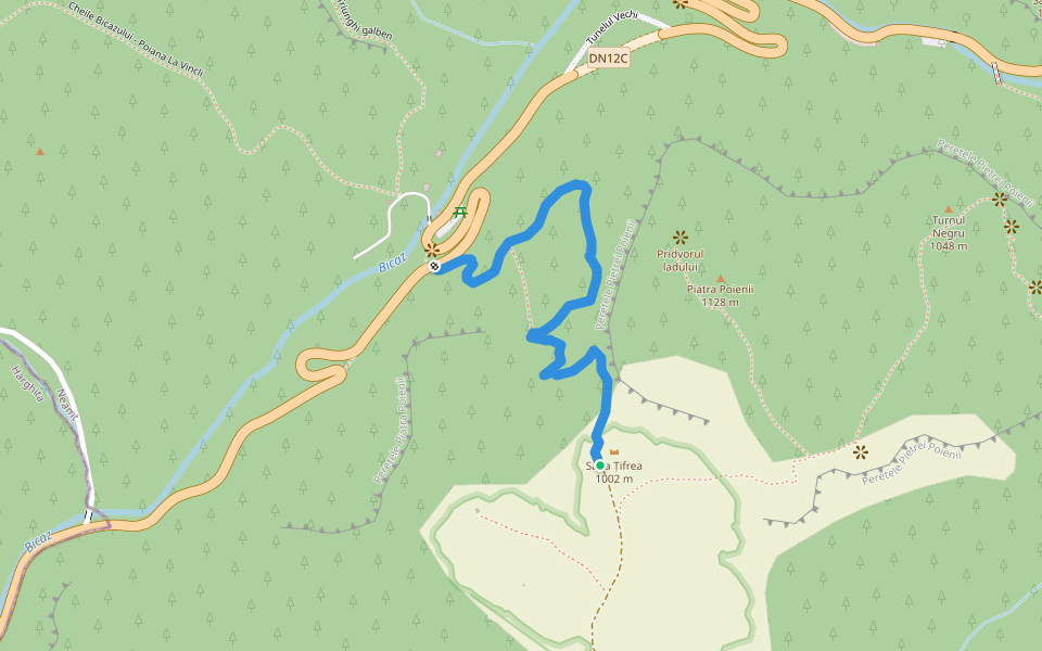 Cheile Bicazului-Saua Tifrea-Lacu Rosu (Marcaj triunghi galben) walking route map in Bârnadu