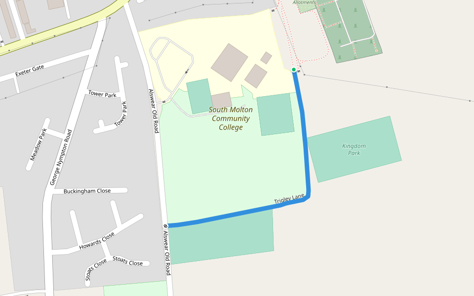 Trigley Lane walking route map in South Molton