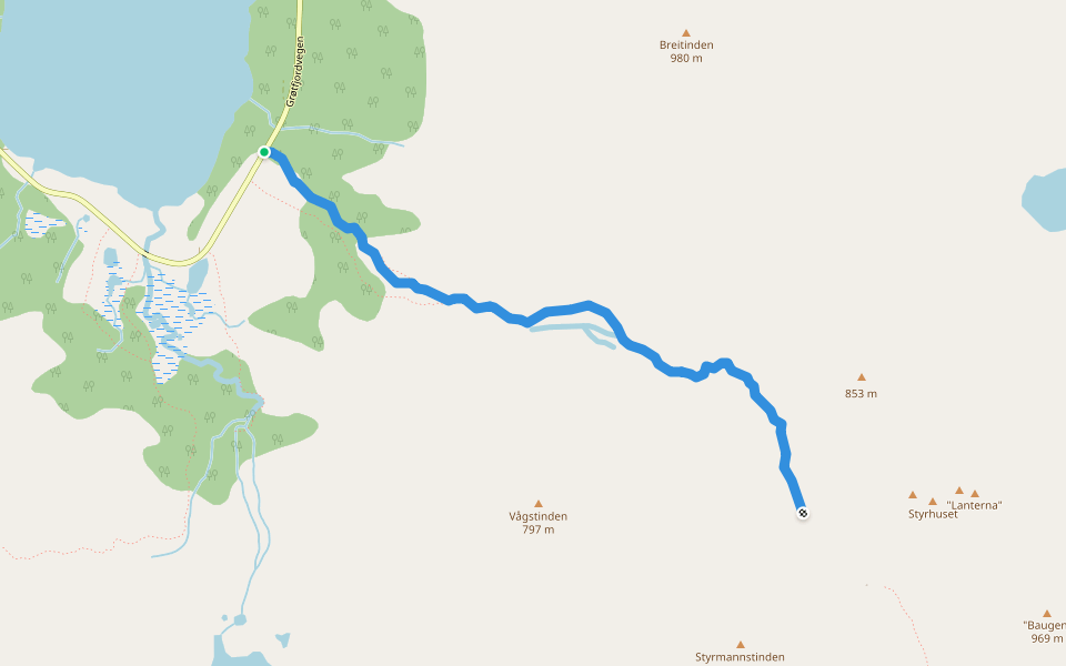 Baugen access trail walking route map in Grøtfjorden