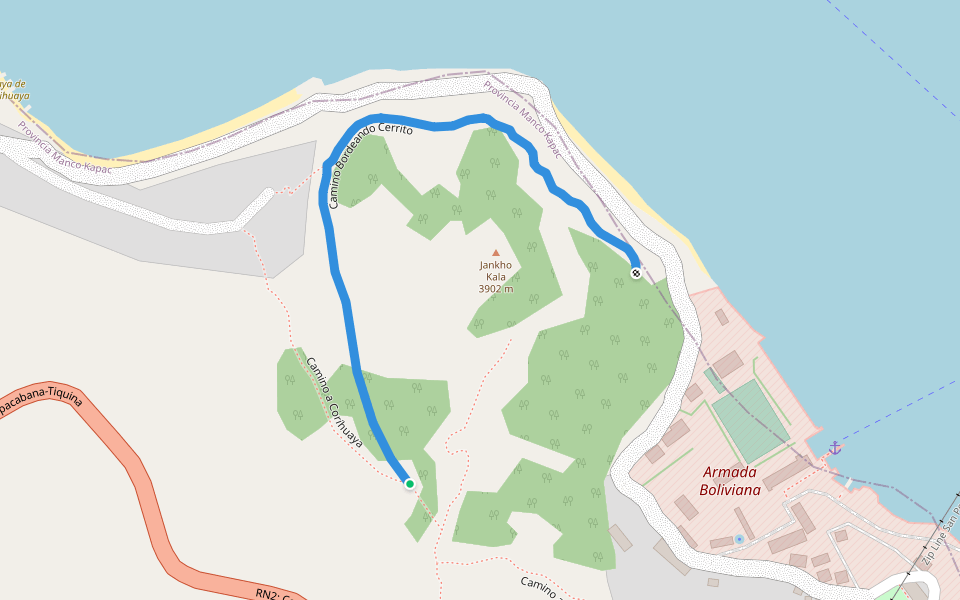 Camino Bordeando Cerrito walking route map in Tiquina