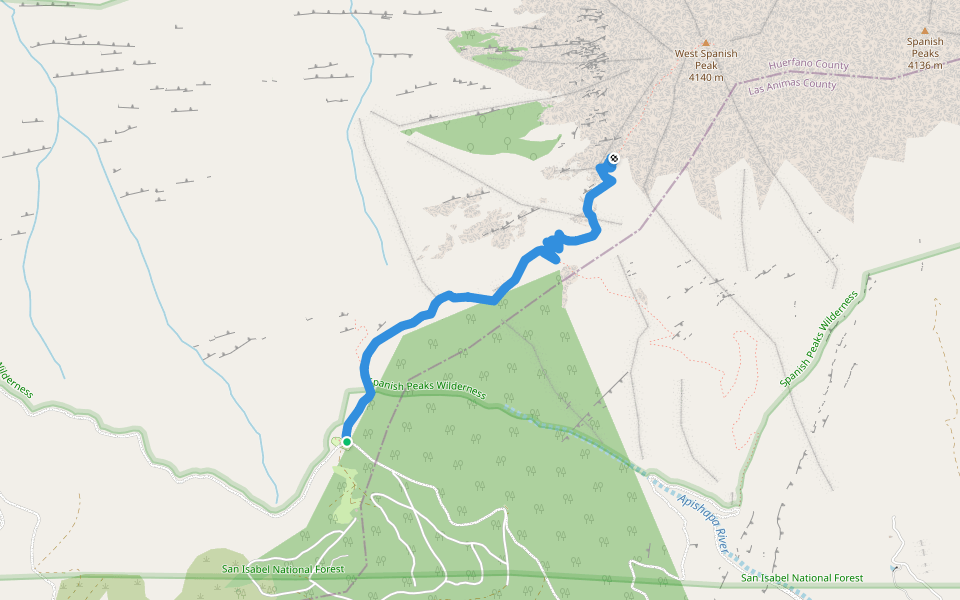 W Spanish Peak trail walking route map in Aguilar
