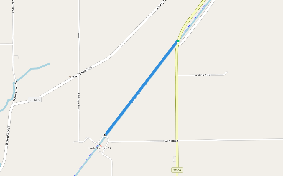 Miami & Erie Canal Towpath walking route map in Saint Marys