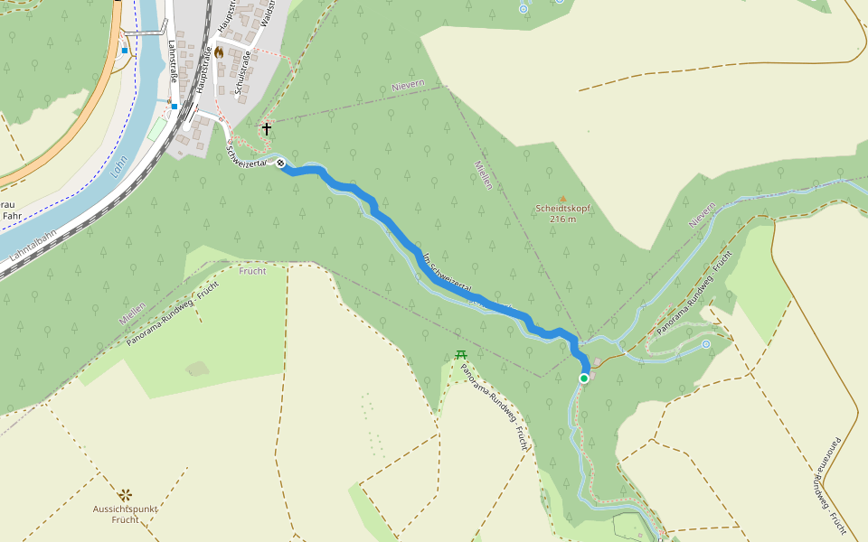 Im Schweizertal walking route map in Frücht
