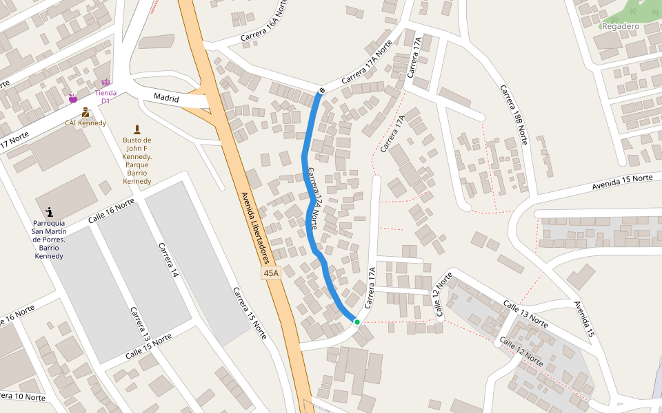 Carrera 17A Norte walking route map in Bucaramanga