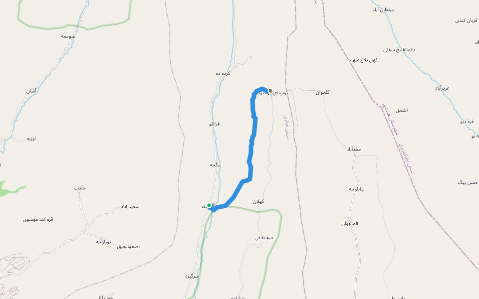 جاده  پیاده روی روستای آغاجری به روستای دوه بوینی walking route map in Aqajeri