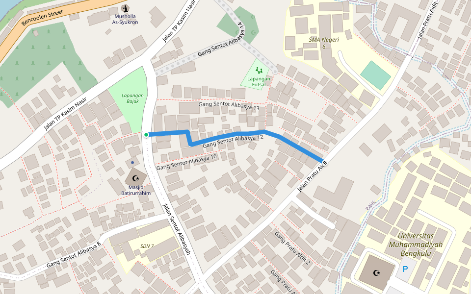 Gang Sentot Alibasya 12 walking route map in Bengkulu