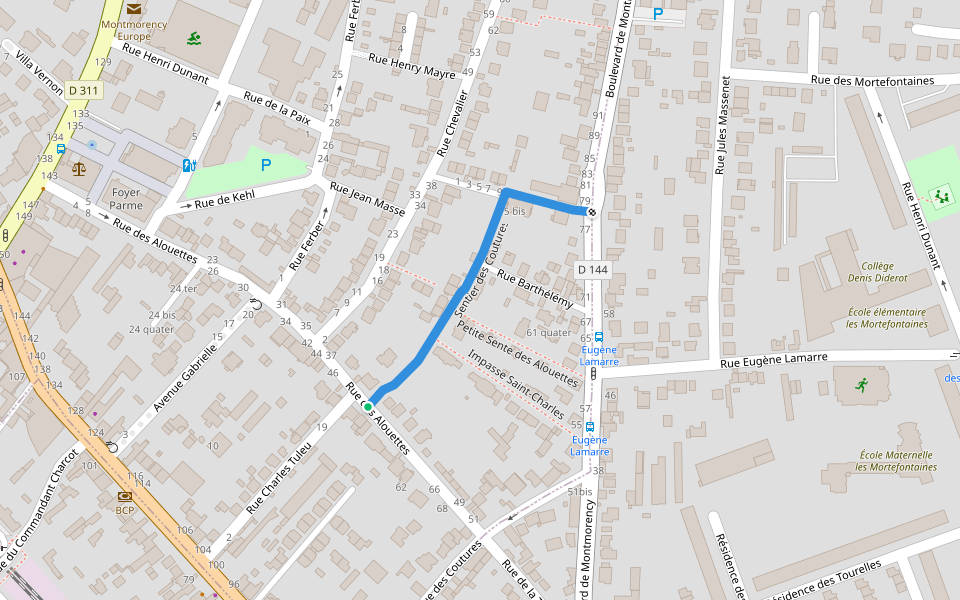 Sentier des Coutures walking route map in Montmorency