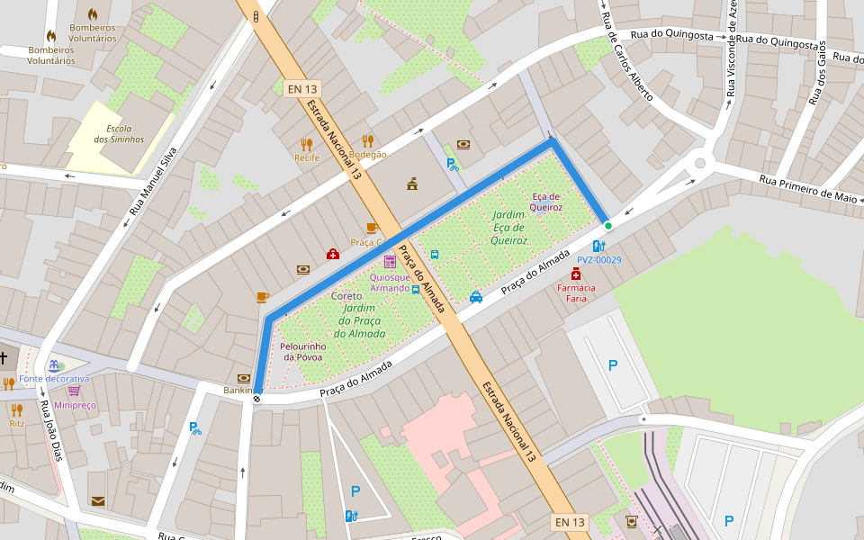 Praça do Almada walking route map in Póvoa de Varzim
