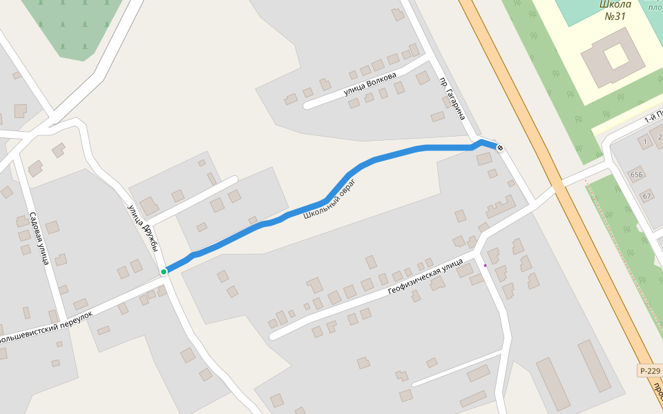 Школьный овраг walking route map in Kvasnikovka