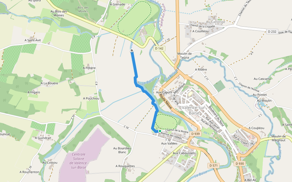 Sentier de la Baïse walking route map in Valence-sur-Baïse