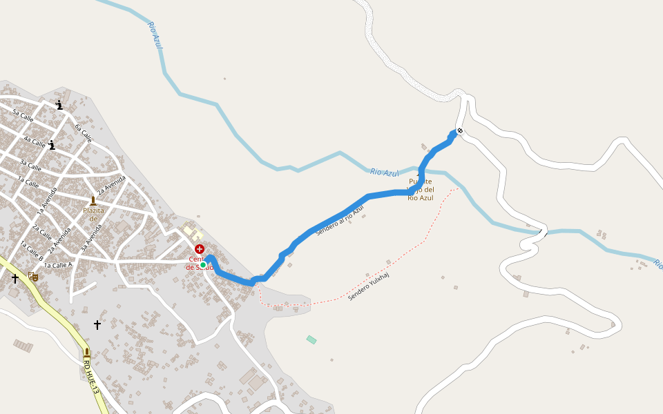 Sendero al rio Azul walking route map in San Miguel Acatan