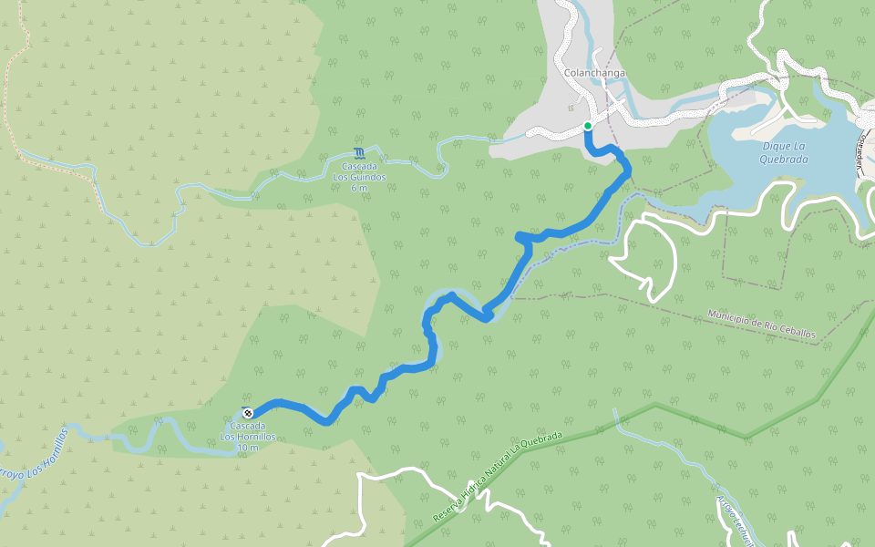 Sendero a Cascada Los Hornillos walking route map in Colanchanga