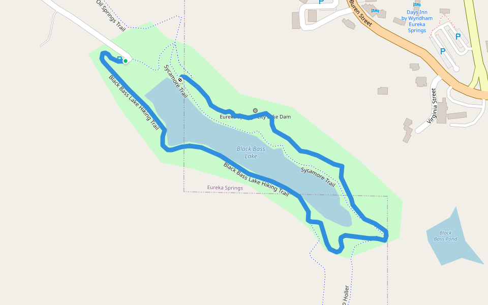 Black Bass Lake Hiking Trail walking route map in Eureka Springs