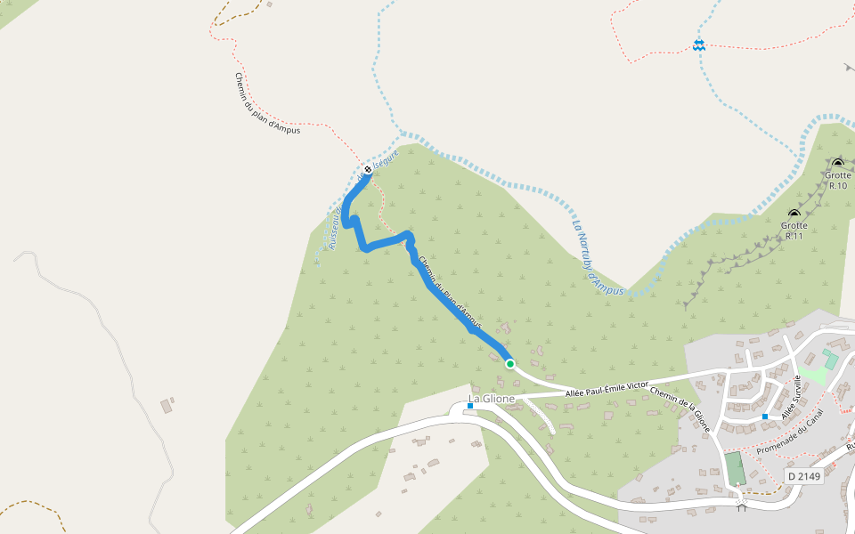 Chemin du Plan d'Ampus walking route map in Ampus