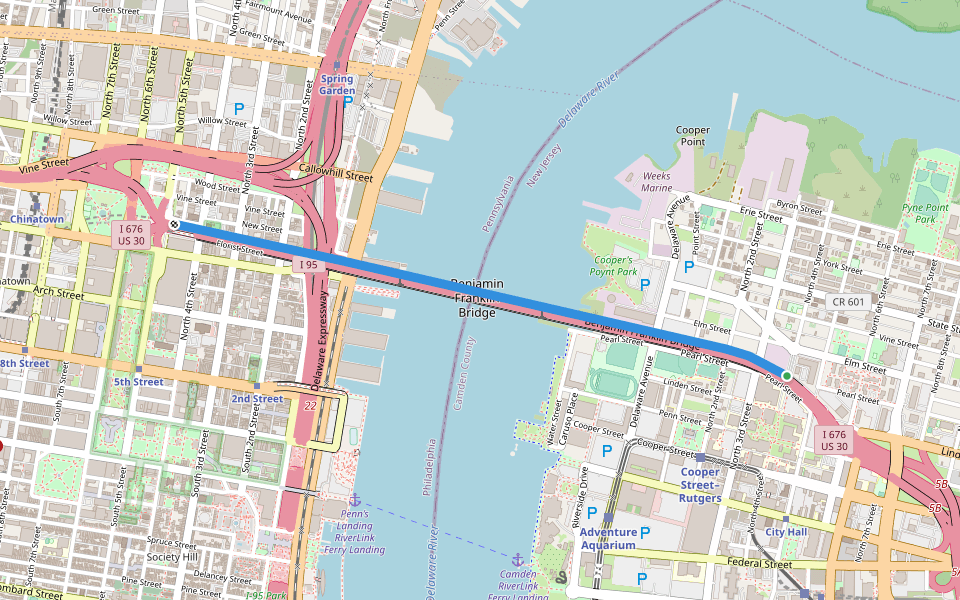 Ben Franklin Bridge Walkway (North) walking route map in Camden
