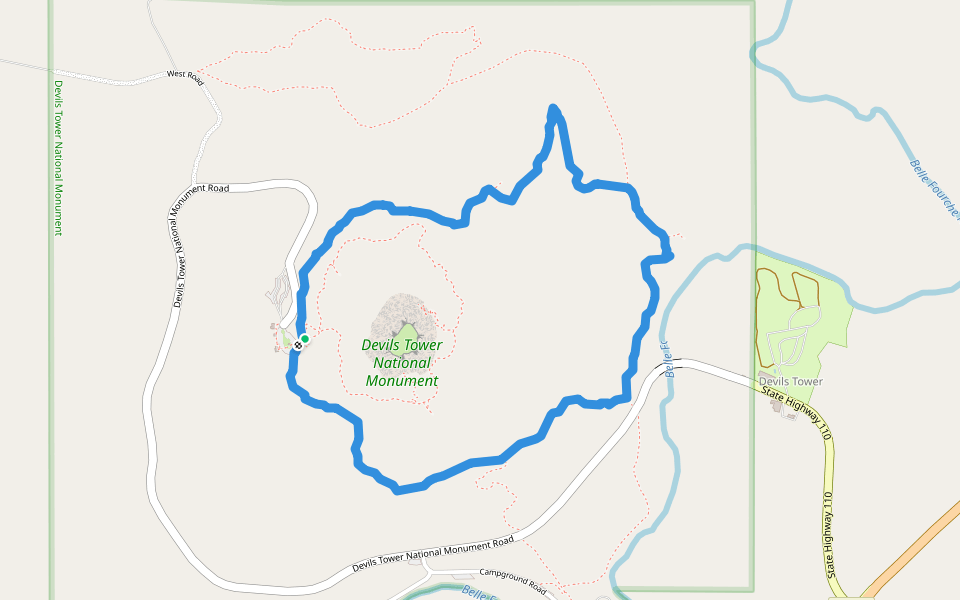 Red Beds Trail walking route map in Devils Tower