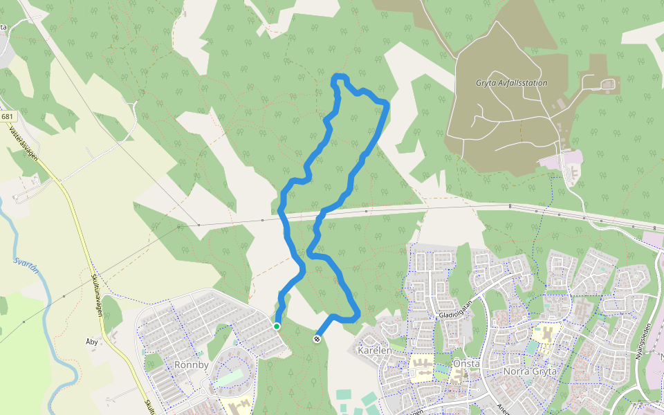 15 km motionsspåret walking route map in Västerås