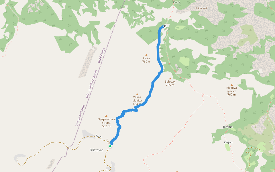 Bristovac - Raskrižje Stap walking route map in Tribanj