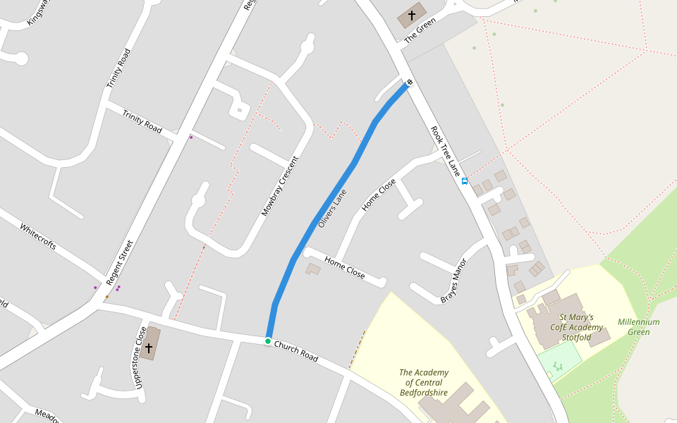 Olivers Lane walking route map in Stotfold