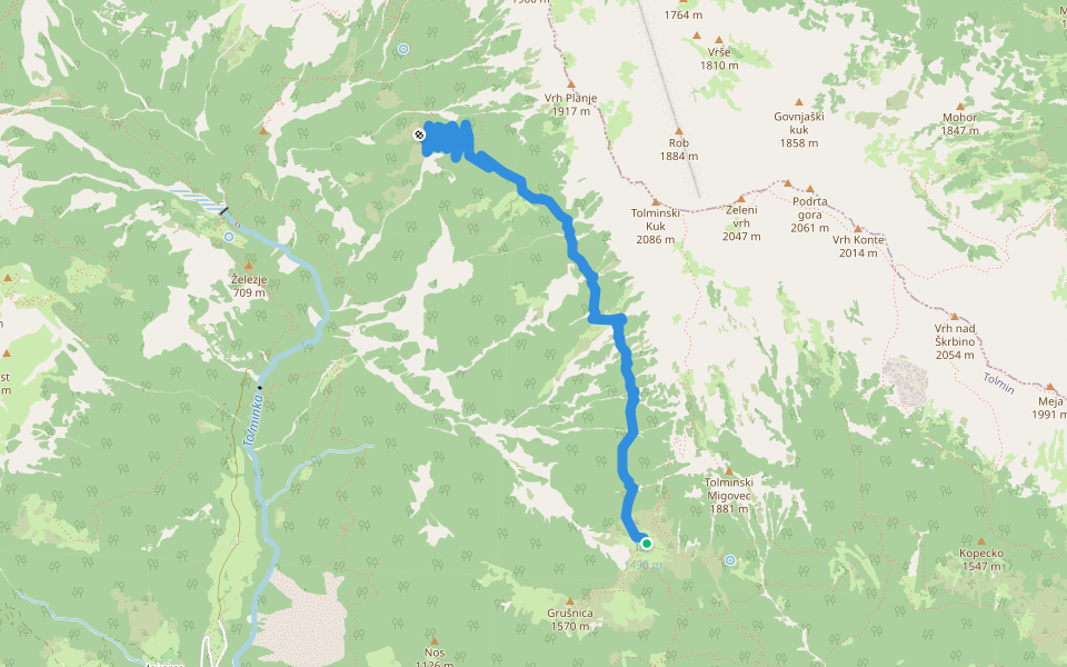 Planina Dobrenjščica - Planina Na Kalu (mulatjera) walking route map in Tolminske Ravne