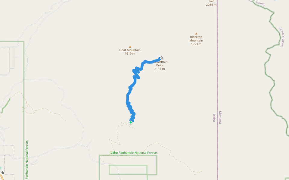Scotchman Peak Trail #65 walking route map in Clark Fork