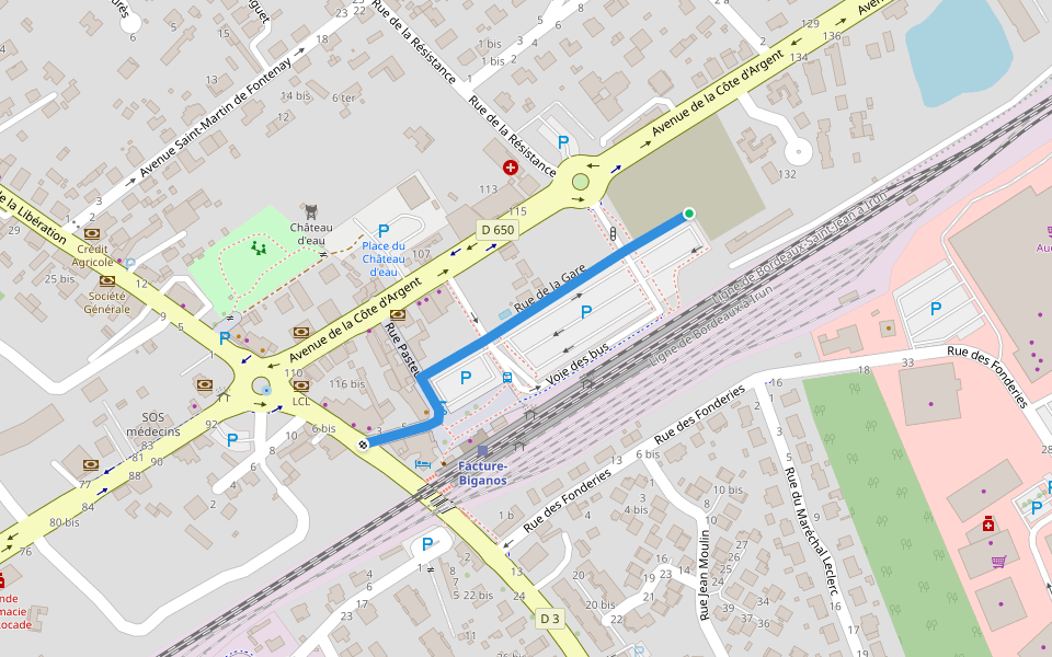 Rue de la Gare walking route map in Biganos