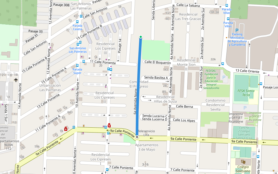 6a Avenida Norte walking route map in Santa Tecla