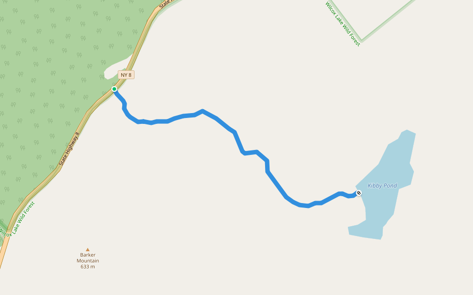Kibby Pond trail walking route map in Johnsburg