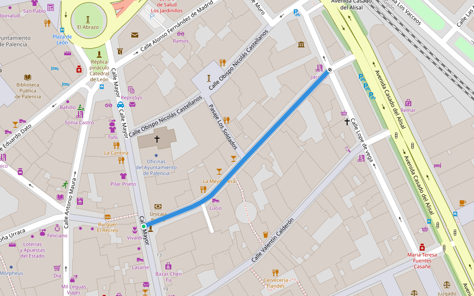Calle los Soldados walking route map in Palencia