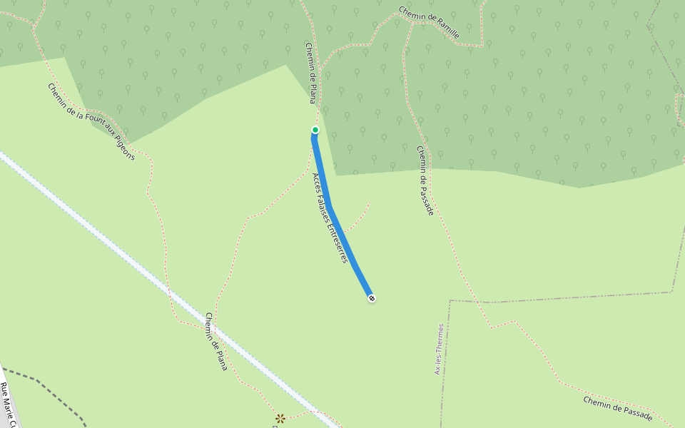Accès Falaises Entreserres walking route map in Ax-les-Thermes
