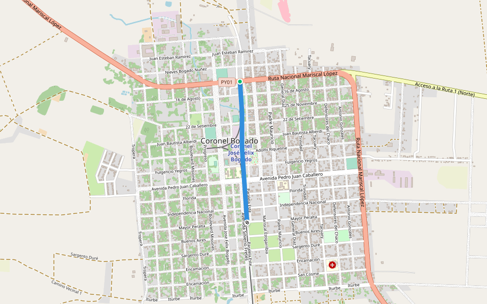 paseo peatonal walking route map in Coronel Bogado