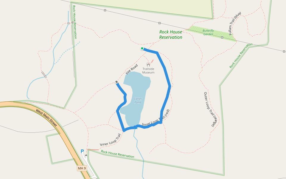 Inner Loop Trail (red) walking route map in West Brookfield