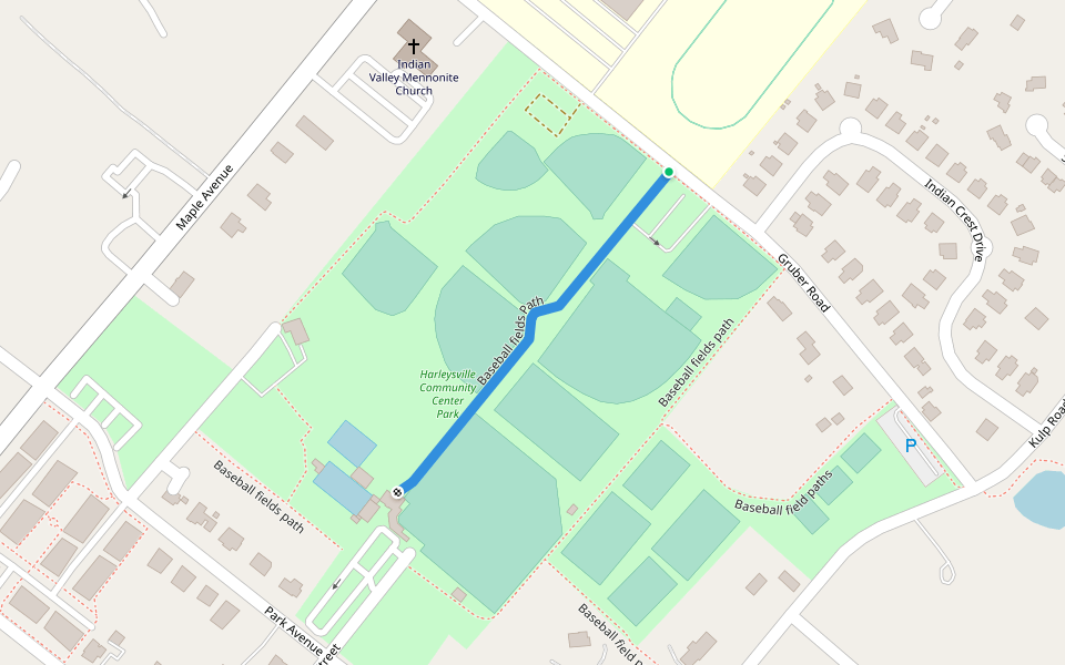 Baseball fields Path walking route map in Harleysville