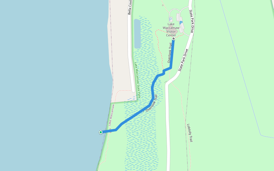 Overlook Trail walking route map in Lake Waccamaw