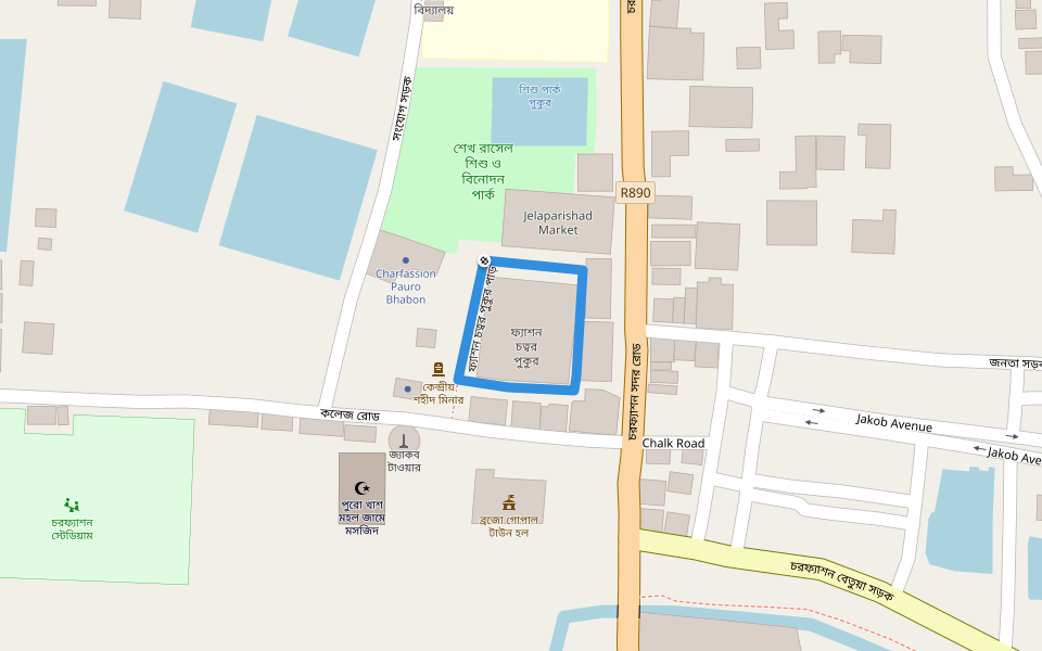 ফ্যাশন চত্বর পুকুর পাড় walking route map in Charfasson Sadar