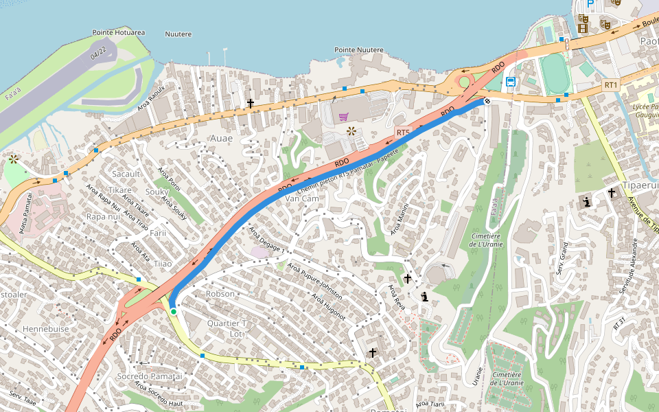 Chemin piéton RT5 Pamatai - Papeete walking route map in Faaa