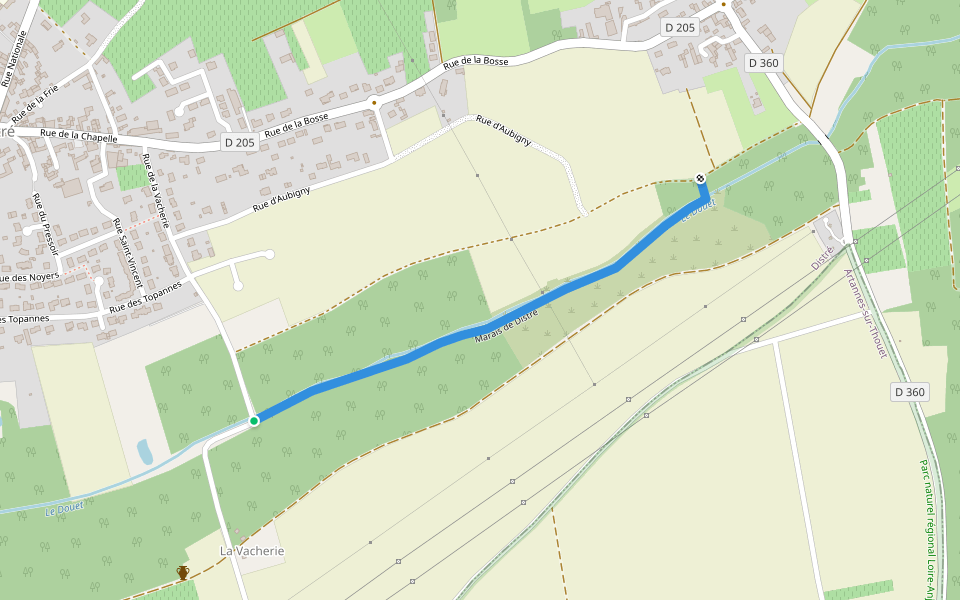 Marais de Distré walking route map in Distré