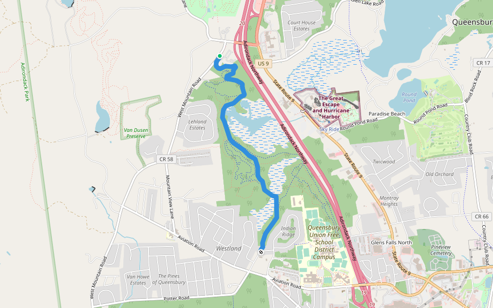 Rush Pond Nature trail walking route map in Queensbury
