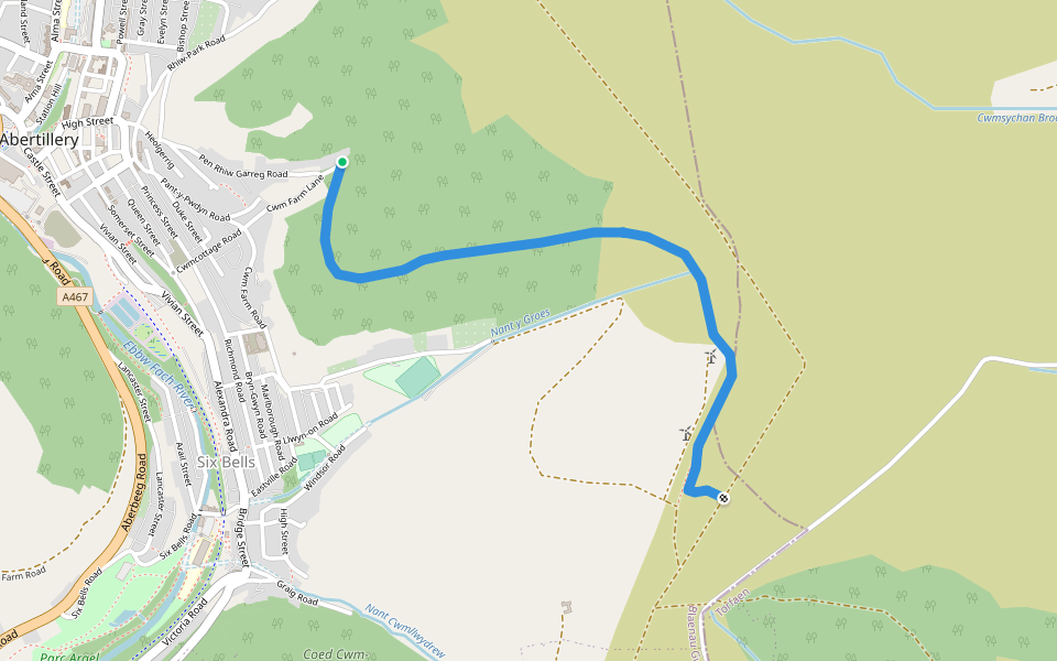 Heol Gerrig Mountain track walking route map in Six Bells