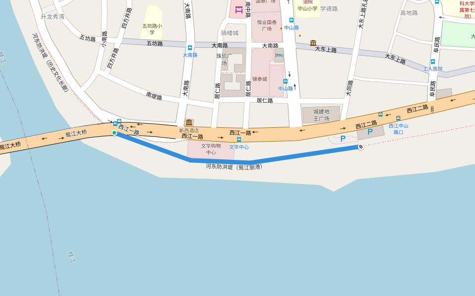 河东防洪堤(鸳江丽港) walking route map in Wu Zhou Shi