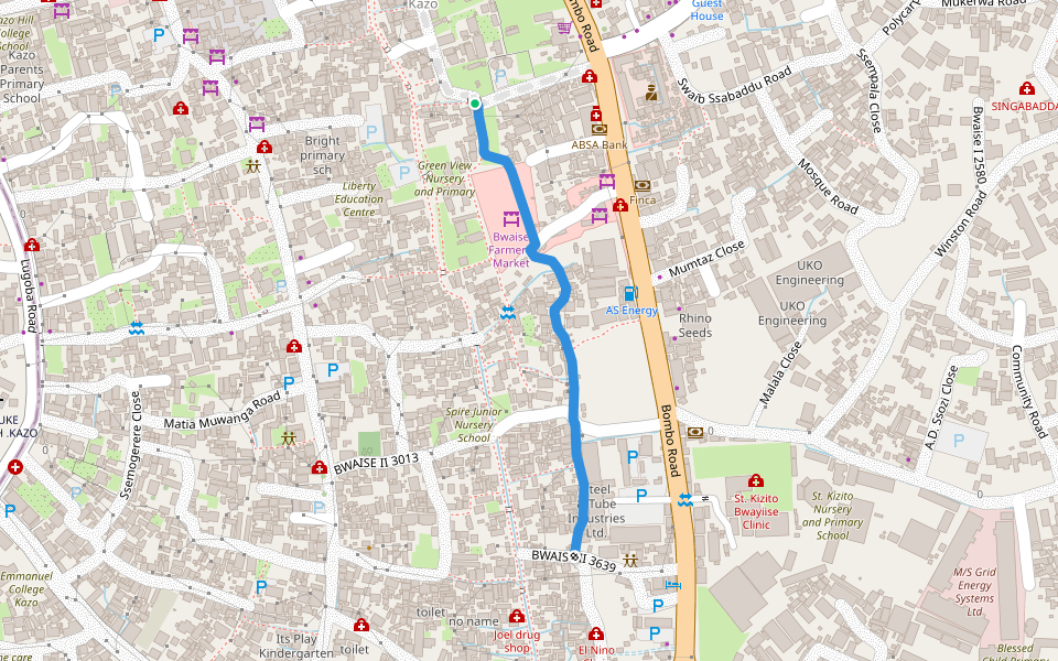 Access Road to Nabukalu Well walking route map in Kampala
