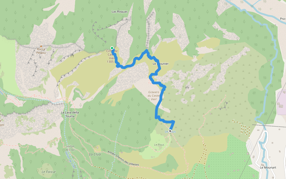 Sentier de Castel Vieil walking route map in Roquebillière