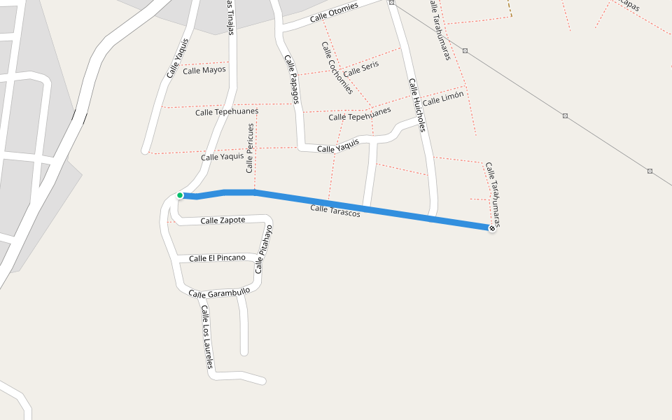 Calle Tarascos walking route map in Ampliación Colonia Loma del Chorrito