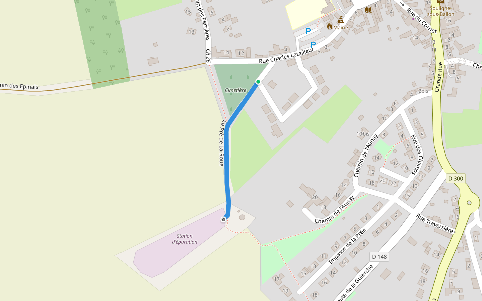 Le Pré de La Roue walking route map in Souligné-sous-Ballon