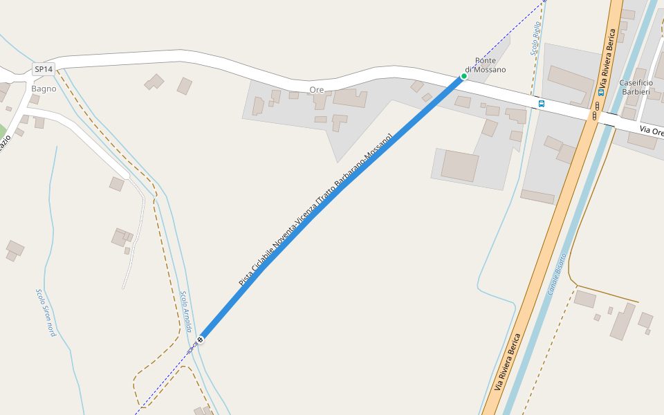 Pista Ciclabile Noventa-Vicenza [Tratto Barbarano-Mossano] walking route map in Ponte di Mossano