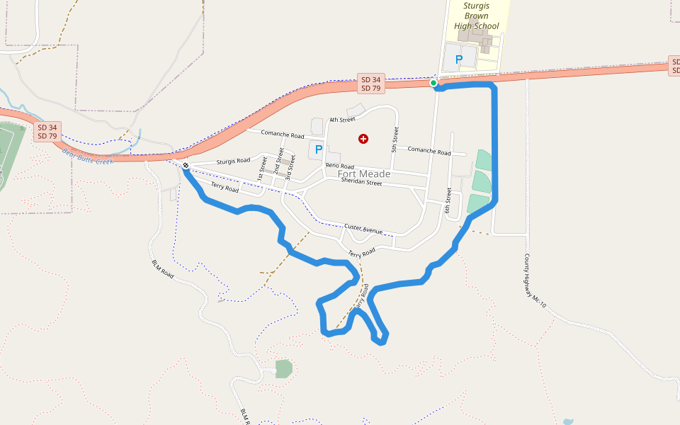 Fort Meade Trail walking route map in Sturgis