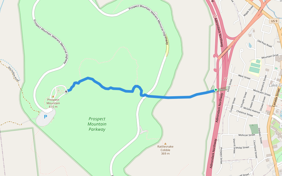 East trail (red) walking route map in Lake George