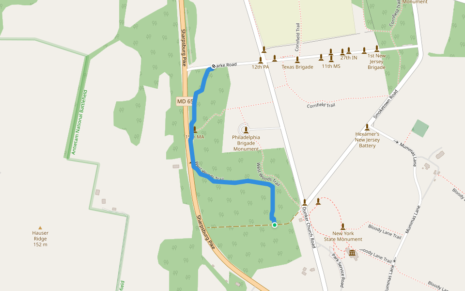 West Woods Trail walking route map in Sharpsburg