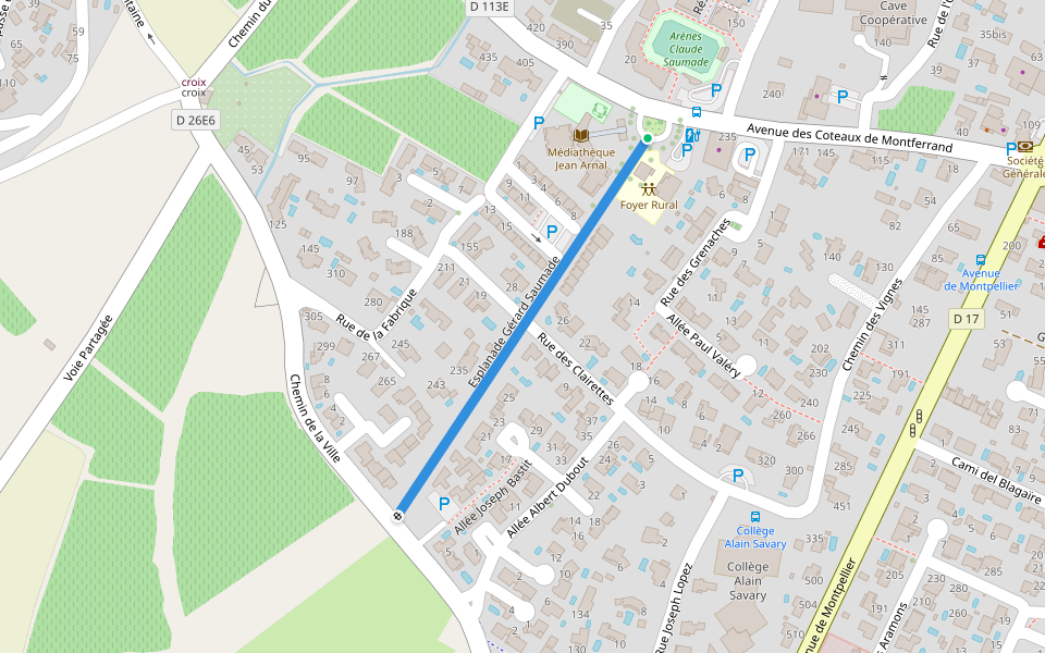 Esplanade Gérard Saumade walking route map in Saint-Mathieu-de-Tréviers